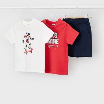 Mayoral Комплект SK8 Game с робот тениски в доматен и бял цвят и тъмносини панталонки за мини момче Mayoral