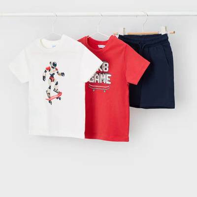 Mayoral Комплект SK8 Game с робот тениски в доматен и бял цвят и тъмносини панталонки за мини момче Mayoral