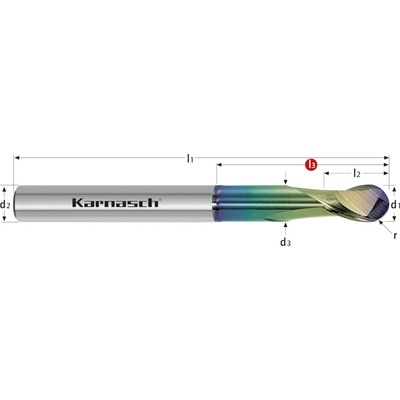 Karnasch 306217080035 | Tvrdokovová 3D zaoblená fréza s guľovým, čelným ozubením 8,0/4,0x35-80x8 mm, Z=2