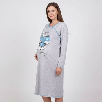 Нощница за бременни с дълъг ръкав в сиво с мече и син кант