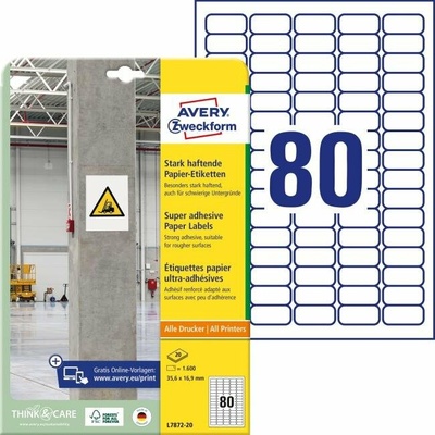 avery zweckform Etikety univerzálne 35,6x16,9mm Avery A4, silne lepivé 20 hárkov