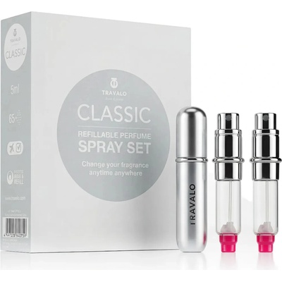 Travalo Classic HD Silver plnitelný rozprašovač parfémů 3 x 5 ml + semišový váček dárková sada