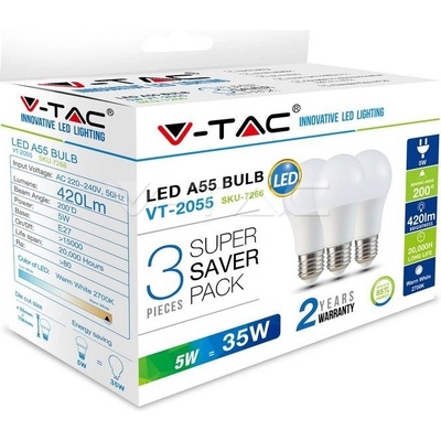 V-TAC Žiarovka LED E27 5W, 6400K, 420lm, 3-balenie, A55 VT-2055