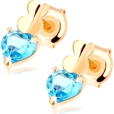 Šperky Eshop Náušnice z žlutého 14K zlata s trojicí srdcí a modrým topazem GG89.34
