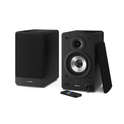 Sharp Audio Systems CP-SS30(BK), Hifi Systems BOOKSHELF SPEAKERS 60W (2 x 30W) RMS 2, Bluetooth v5.0, USB възпроизвеждане, MP3 аудио декодер, RCA L/R In, 3, 5 mm Aux-in / line-in, Цифров оптичен вход, Дървена високоговорител, Черен