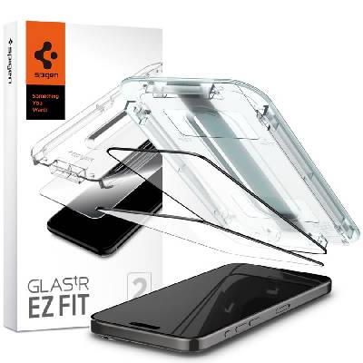 2 броя стъклени протектори за дисплей на iPhone 15 Pro от Spigen Glas. TR " Ez Fit" FC 2-pack - Черен (8809896752152)
