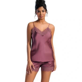 Image 1 of Сатенена лятна пижама в сливов цвят с дантела