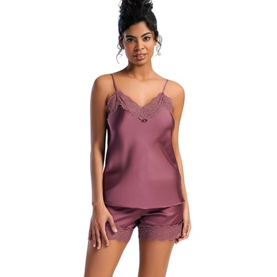 Сатенена лятна пижама в сливов цвят с дантела