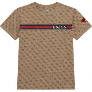 GUESS Тениска в бежово за момче покрита с лога и контрастна червена лента отпред Guess