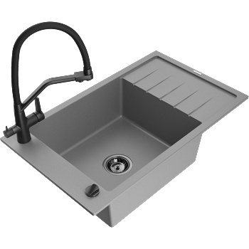 Mexen Elias кухненска мивка от гранит с 1 отделение, сушилник и кухненски смесител Duo, сив - 6511-71-671701-70-B (6511-71-671701-70-B)