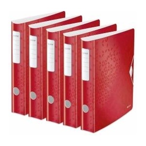 Leitz quality folder 180° Active WOW, pack of 5, A4, narrow, rounded spine, 6.5 cm wide, elastic band closure, water- and dirt-repellent polyfoam, inner pockets, WOW series, red, 11070026 - 11070026-5