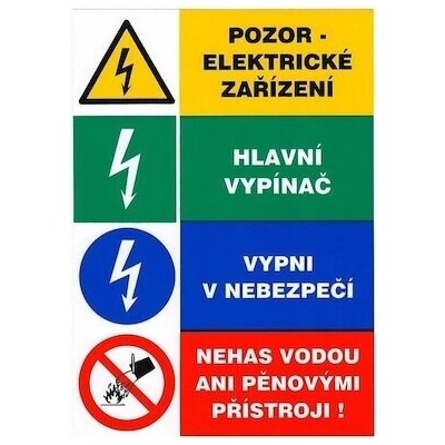 Tabulka - Pozor elektrické zařízení Hlavní vypínač Vypni v nebezpečí Nehas vodou, samolepka A5