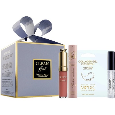 Pierre René Clean Girl Blue hydratační olej na rty 8 ml + řasenka Magnolia černá 10 ml + fixační gel na obočí 10 ml + maska na oční okolí 2 x 5,5 g darčeková sada
