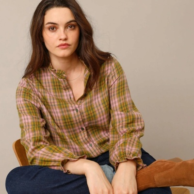 Blancheporte blúzka s volánikmi z kockovaného flanelu khaki/ružová