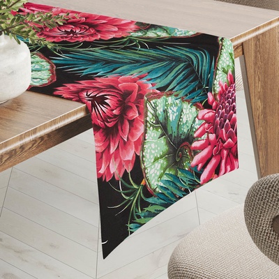 Biante bavlna behúň Sandra SA-566 Veľké tropické kvety a listy na čiernom 45x140 cm