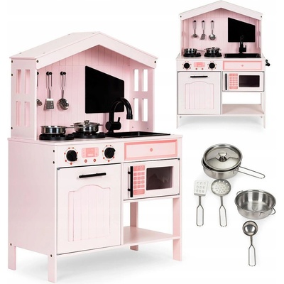 ECOTOYS Дървена детска кухня, фурна, котлони, аксесоари, ecotoys, над 3г (plk563p,plk563w)