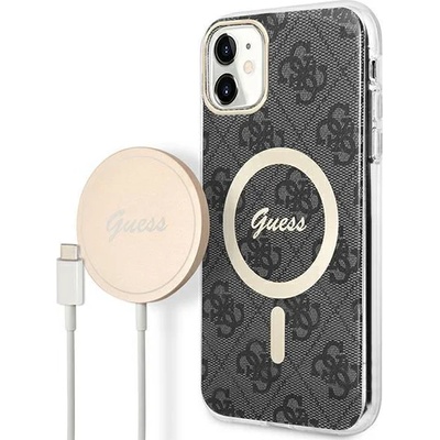 GUESS Комплект безжично зарядно устройство и кейс Guess GUBPN61H4EACSK за iPhone 11 6.1"", черен / черен, твърд, съвместим с MagSafe, 4G Print (GUE002540-0)