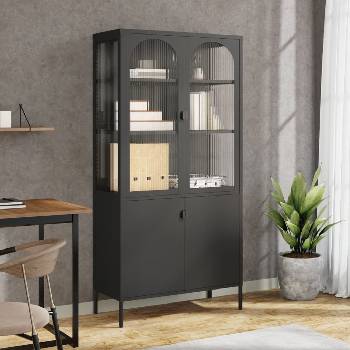 vidaXL Висок шкаф, черен, 90x40x180 см, стъкло и стомана (353000)
