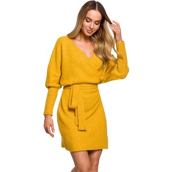 svetrové šaty s viazaním M631 Žlté