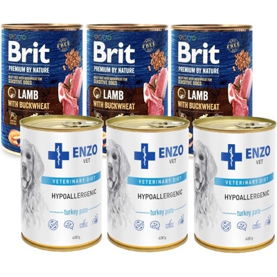 Brit Premium by Nature Lamb with Buckwheat 3 x 400 g & Enzo Vet hypoalergénne krmivo s morkou 3x400 g