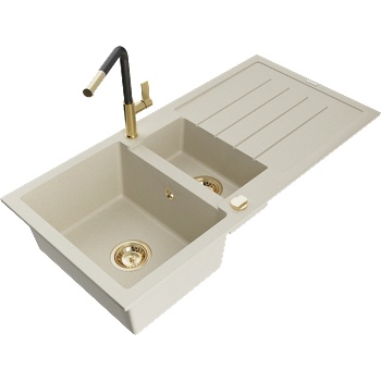 Mexen Andres гранитна мивка 1, 5-коморна с отцедник и кухненски смесител Flora, бежов - 6515-69-670401-57-G (6515-69-670401-57-G)
