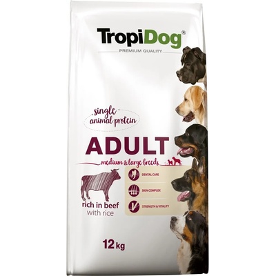 TropiDog TROPIDOG Premium Adult Medium & Large Beef with rice Храна за кучета, суха, за възрастни, от средна и голяма порода, говеждо с ориз, 12 kg