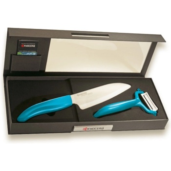 Image 1 of KYOCERA (Kyoto Ceramics - Япония) Комплект керамичен нож с белачка KYOCERA в кутия - светлосин (Kyocera FK-140 WH-BU + CP-10-NBU)