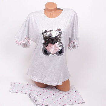 Сладка памучна пижама в сиво с точки и мече с пайети