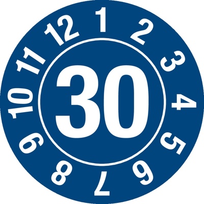 Kontrolná nálepka 30, kruh, modrá, fólia samolepiaca, 25 mm, BJ = 5 x 15 ks