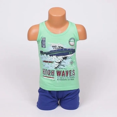 Детска пижама за момче в зелено и синьо с апликация на лодка и надпис