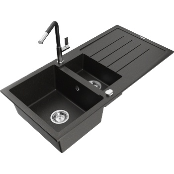 Mexen Andres гранитна мивка 1, 5-камерна с отцедник и кухненски смесител Flora, черен/златен металик - 6515-75-670401-07 (6515-75-670401-07)