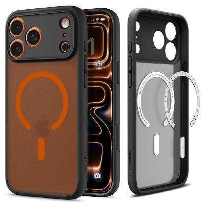 Удароустойчив кейс с MagSafe пръстен за iPhone 17 Pro Max от Spigen Ultra Hybrid Mag - Frost Black / Orange (8800283316148)