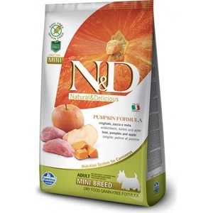 Farmina N&d grain free pumpkin boar & apple adult mini - пълноценна храна за кучета в зряла възраст над 1 година от дребните породи с тиква, месо от глиган и ябълка 800 гр pnd008503s