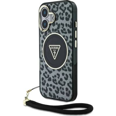 GUESS HC IML Leopard Triangle Cord Strap MagSafe калъф за iPhone 16 - черен (3666339432461)