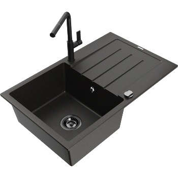 Mexen Bruno гранитна мивка с 1 отделение и отцедник и кухненски смесител Flora, черен/златен металик - 6513-75-670401-70-B (6513-75-670401-70-B)