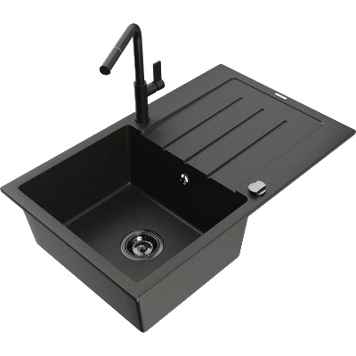 Mexen Bruno гранитна мивка с 1 отделение и отцедник и кухненски смесител Flora, черен/златен металик - 6513-75-670401-70-B (6513-75-670401-70-B)