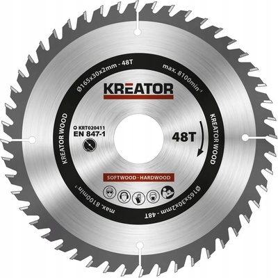 Pilový kotouč s vidiovými zuby Kreator KRT020411 na dřevo 165x30x2.0mm