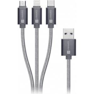 Connect IT Wirez 3in1 USB-C and Micro USB & Lightning, silver grey, 1.2 m