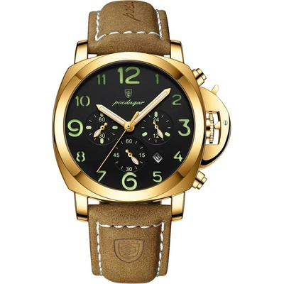 Poedagar Мъжки часовник Poedagar CS1833, естествена кожа, златистокафяв цвят, черен циферблат (CS1833)