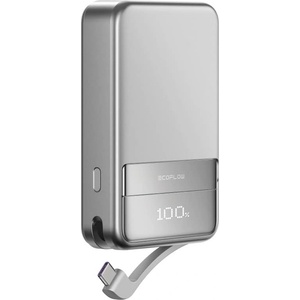 EcoFlow Rapid Magnetic Qi2 Wireless Charging Power Bank 10000 mAh 65W - преносима външна батерия вграден USB-C кабел, USB-C порт и безжично зареждане с MagSafe (сребрист)