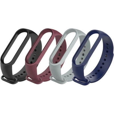 Комплект от 4 силиконови каишки за Xiaomi Mi Band, M5, M6 фитнес гривна, Черна, Сива, Тъмно синя, Бордо (MiBand5-Mix1)