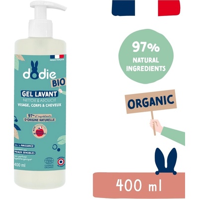 Dodie Organic Detský umývací gél na vlasy, telo a tvár 3v1 400 ml