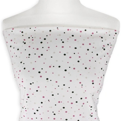 Metráž - Úplet Vis/Ly BÍLÝ DROBNÉ BAREVNÉ PUNTÍKY - látka na šaty, sukně a halenky