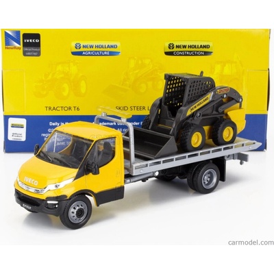 Newray Iveco fiat Daily Roll-off Pianale 2023 With New Holland L228 Ruspa Gommata Skid Steer Scraper Tractor Žlutá Černá 1:36