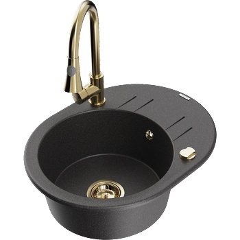 Mexen Kevin гранитна мивка с 1 отделение с отцедник и кухненски смесител Elia, черен на пръски - 6517-76-670101-50 (6517-76-670101-50)