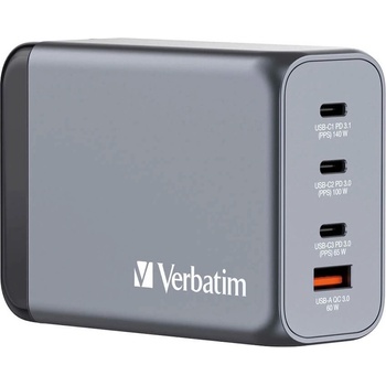 Verbatim GaN Fast Wall Charger 240W - захранване за ел. мрежа за мобилни устройства с 1xUSB-A и 3xUSB-C изходи с технология за бързо зареждане и преходници за цял свят (тъмносив)