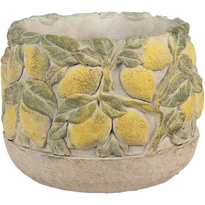 Clayre & Eef Béžový antik cementový kvetináč lemovaný citrónmi Lemoni - 19x15cm