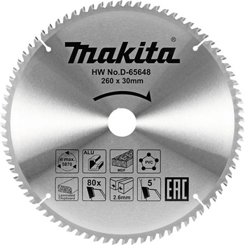 Makita Многофункционален циркулярен TCT режещ диск, Makita D-65648, 260x30x80T (UNI-011550)