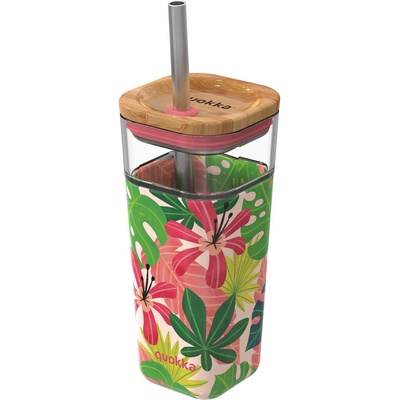 Quokka Чаша халба Quokka Liquid Cube Pink Jungle стъклена със сламка 540 мл (40051)