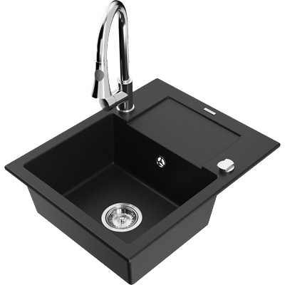 Mexen Enzo кухненска мивка от гранит с 1 отделение с отцедник и кухненски смесител Elia, черен - 6506-77-670101-00 (6506-77-670101-00)